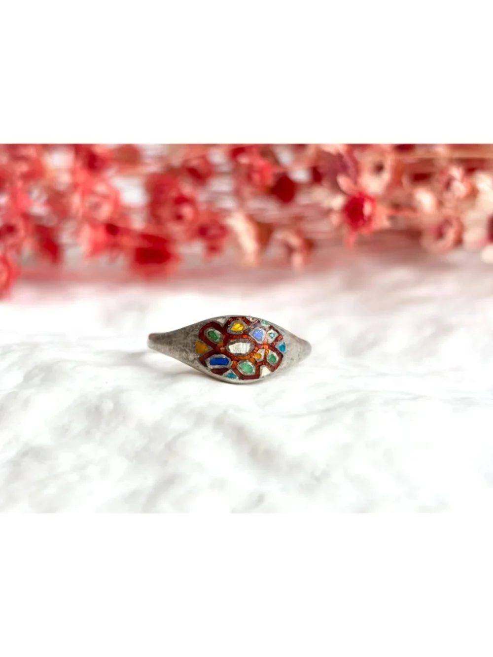 Patchwork Enameled Domed Thailand Made Sterling Silver 925 Vintage Ring - sz 7